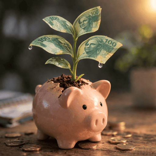 Planta de dinheiro nascendo de um cofre de porquinho simbolizando poupança e crescimento financeiro.