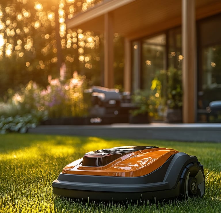 Rasenroboter bewegt sich durchs Gras