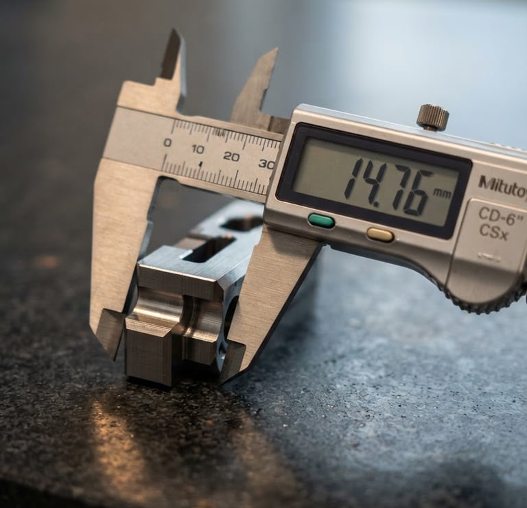 A sharp, macro close-up of a digital caliper measuring a machined steel component on a granite surface plate, cool crisp daylight, deep charcoal tones, sharp focus, 35mm lens.