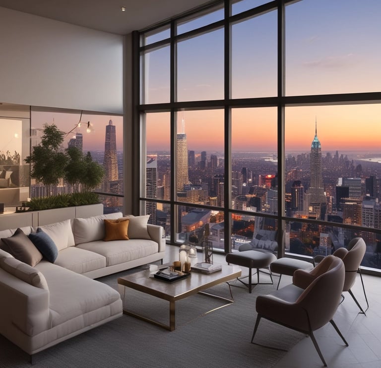 Luxurious penthouse suite with floor-to-ceiling windows in Riyadh's financial district.