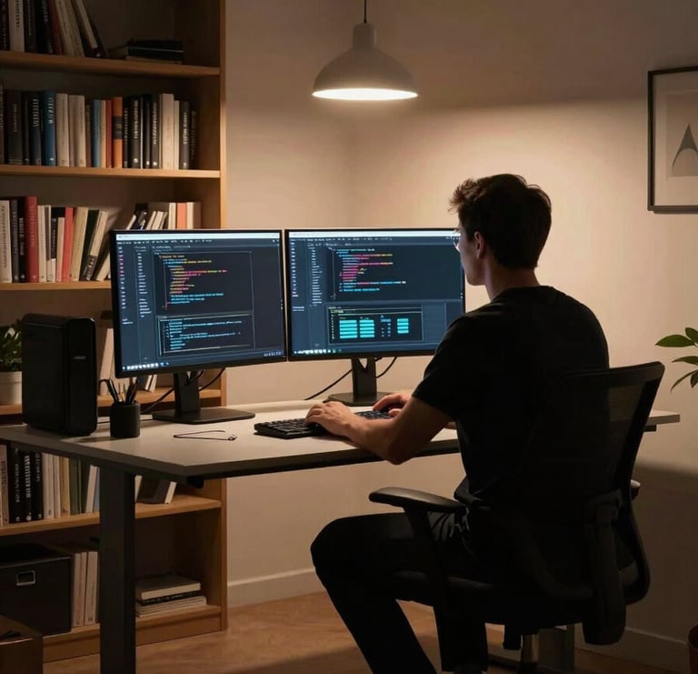 Wide environmental shot of a home-office corner at night, a man's silhouette at a standing desk with two monitors showing code editor and terminal, overhead desk lamp casting warm directional light, bookshelves behind — realistic work setting, no staging