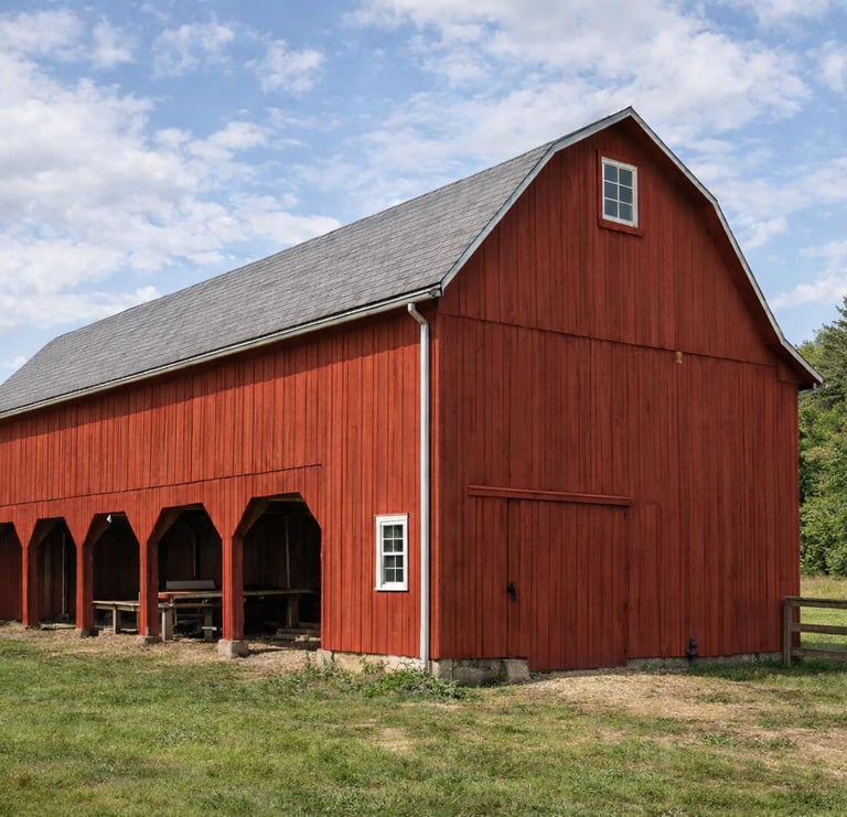an old farmhouse restored in the traditional red barn color