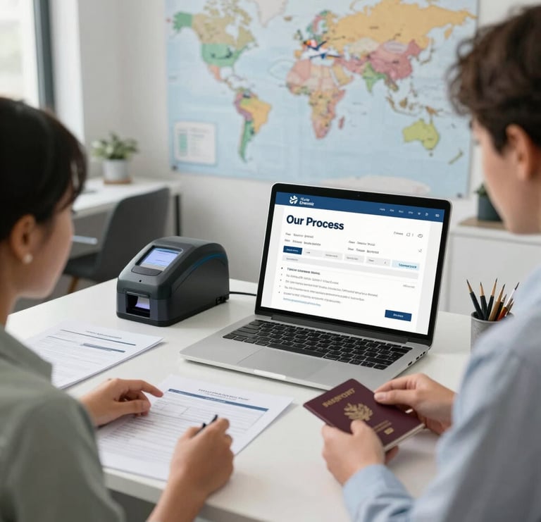 A sleek, modern flowchart showing five connected steps with icons representing consultation, documentation, filing, biometrics, and visa approval.