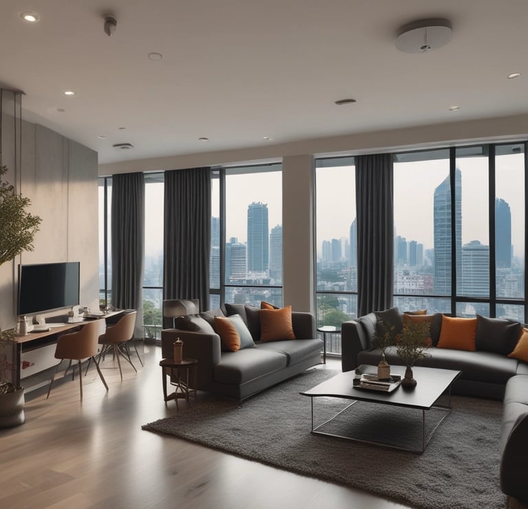 A cozy apartment with a city skyline view.