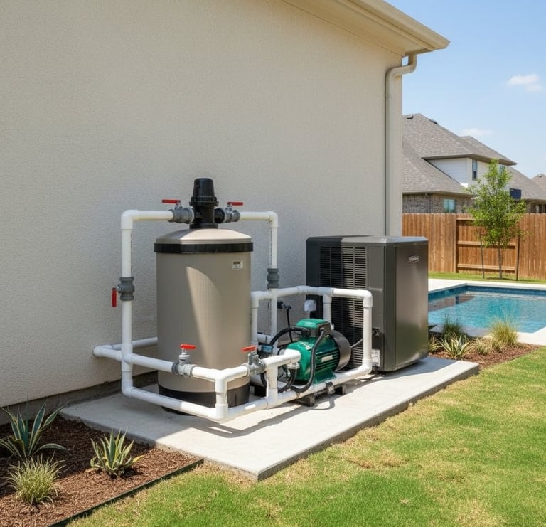 Pool equipment pad in Round Rock, Texas during a pool equipment troubleshooting visit