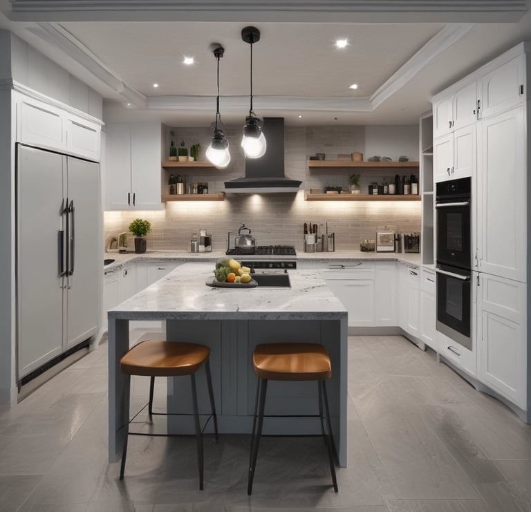 a redesigned kitchen with a large island