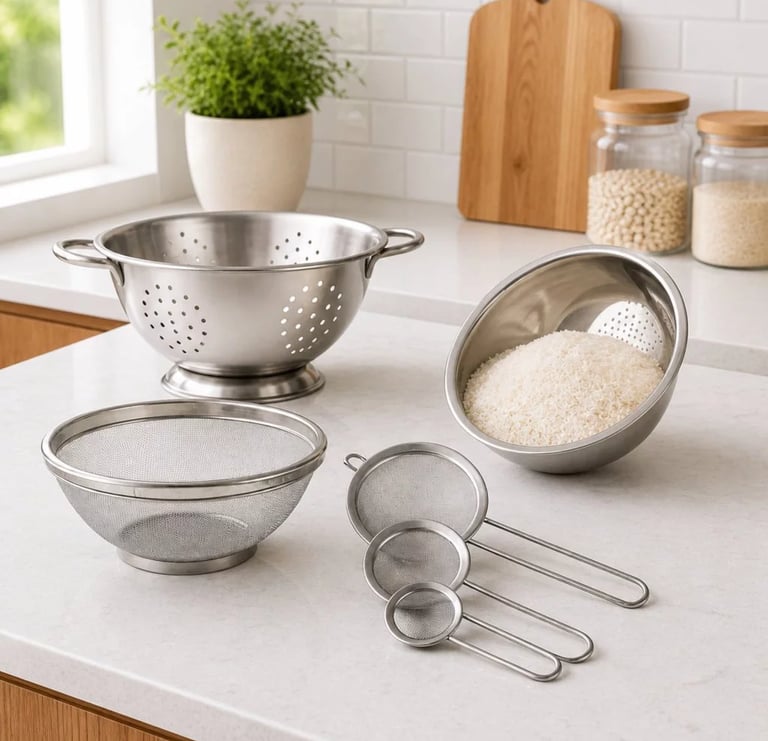 Kit 4 peças Escorredor De Arroz + Escorredor De Macarrão + Escorredor telado + 3 Peneiras