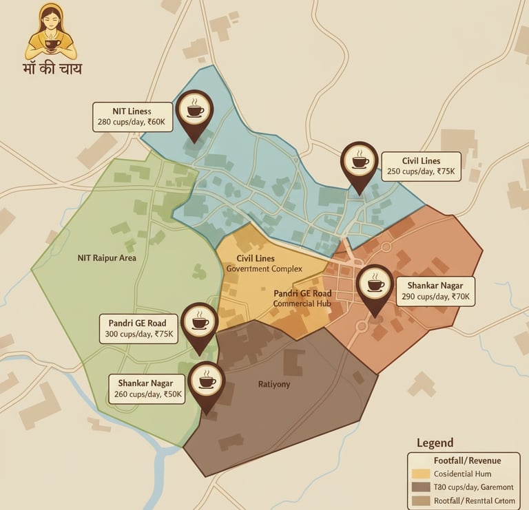 Raipur map showing chai franchise locations NIT campus Civil Lines GE Road