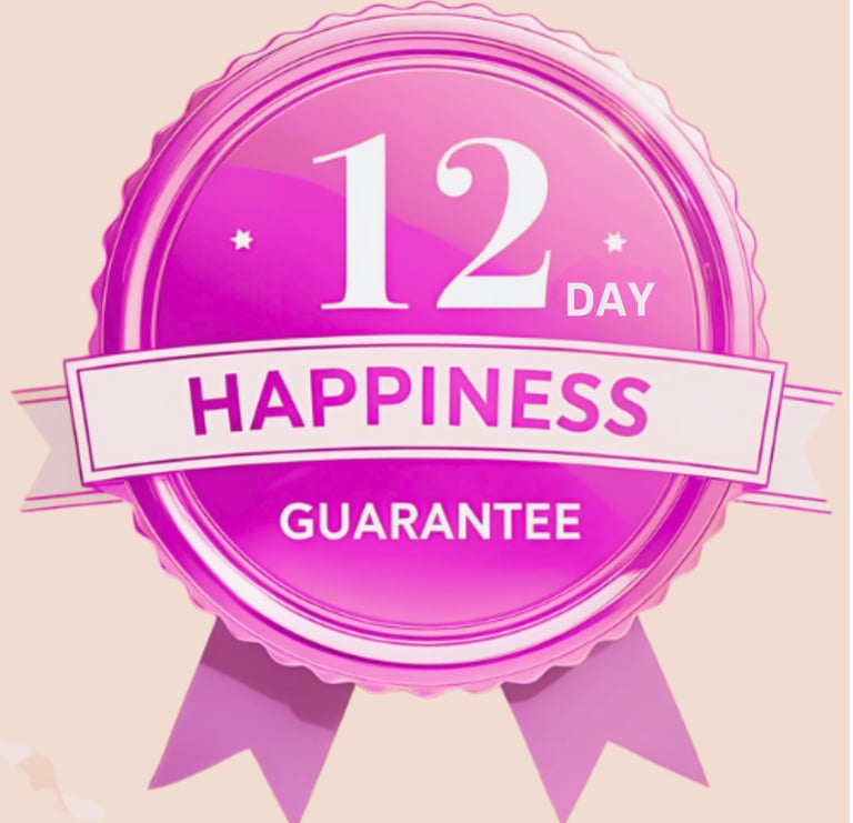 Skintastic 12 day happiness guarantee a pink badge with the words happy birthday