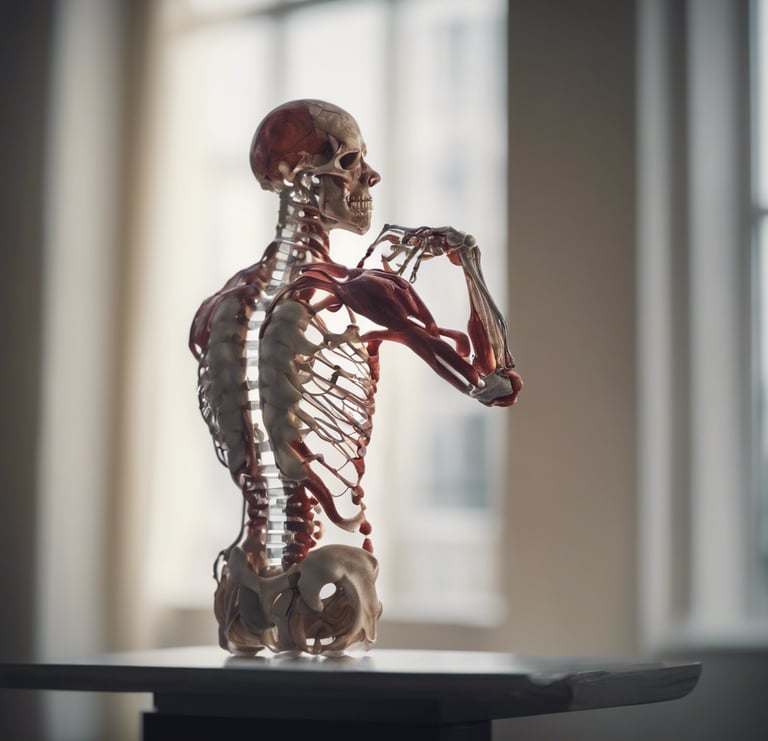 Squelette humain montrant son anatomie avec quelques muscles de l'épaule et du dos