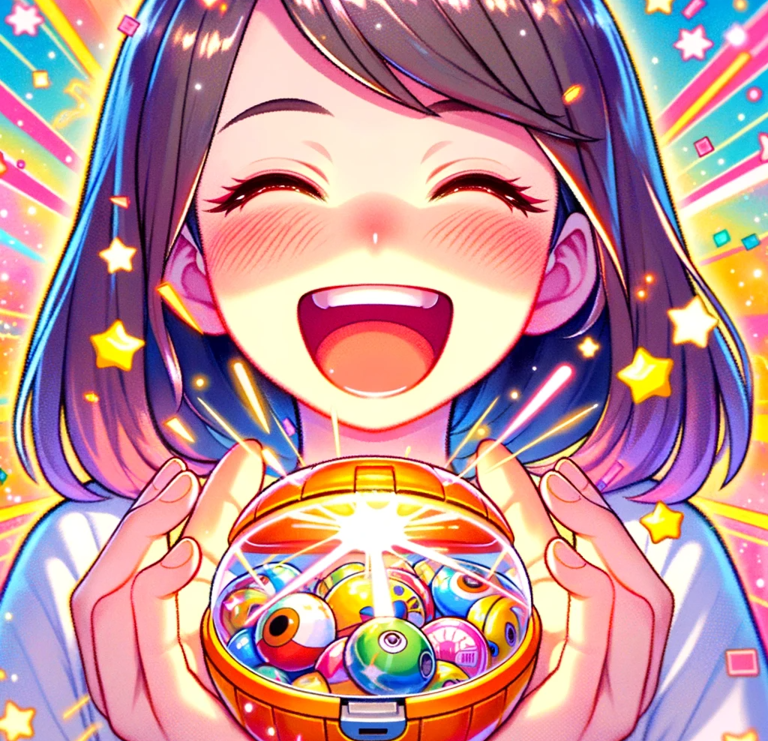 Seorang anak perempuan yang gembira sedang memegang dan melihat ke dalam kapsul gashapon penuh maina