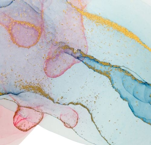Abstract alcohol ink art featuring blue and pink swirls with shimmering gold glitter textures.