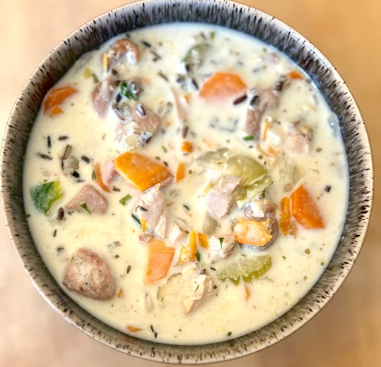 Chicken and rice soup in a bowl