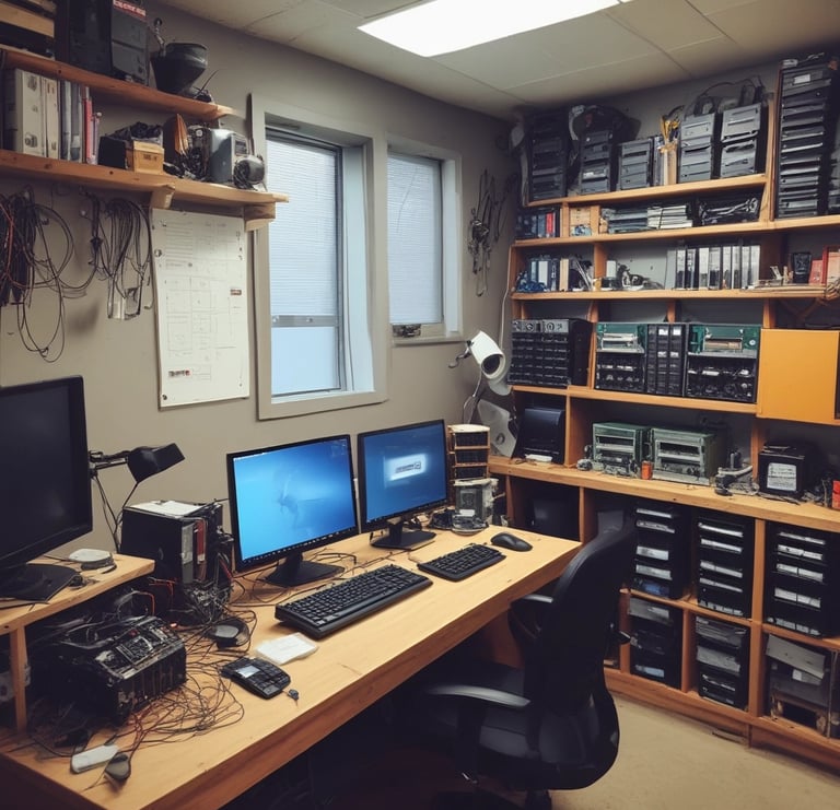 A storefront with large glass windows and multiple signs displaying 'revendo'. Inside, there are visible chairs, plants, and shelves. A poster on the window features the words 'Sell. Repair. Buy.' along with an image of a hand interacting with an electronic device.
