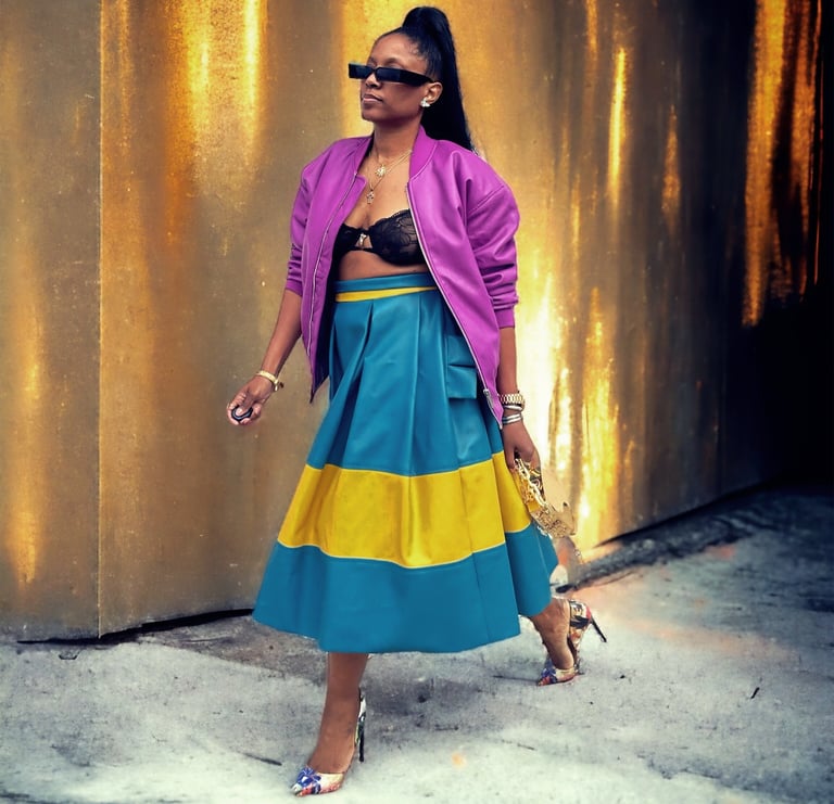a woman in a colorful dress and heels