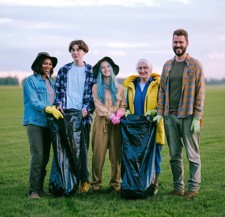 Diverse group of community volunteers holding black trash bags during a field cleanup project.