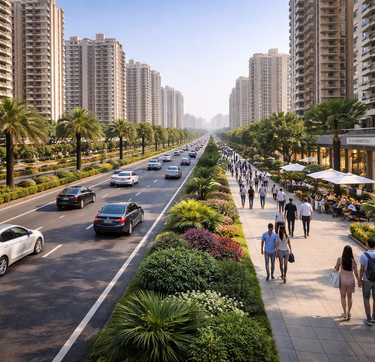 Modern urban street with high-rise apartments, lush greenery, and pedestrians on a wide sidewalk.