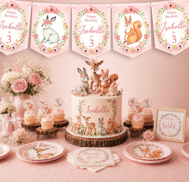 personalised forest animals birthday party banner and party table by Bunting & Beau