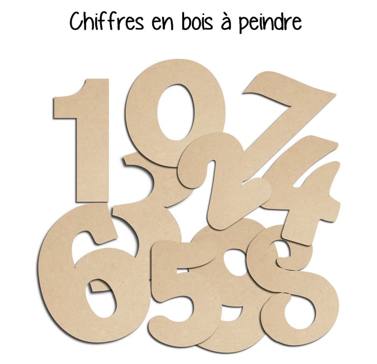 Chiffres en bois 5 cm, 8 cm, 10 cm, 15 cm, 20 cm, 25 cm, 30 cm, 35 cm.