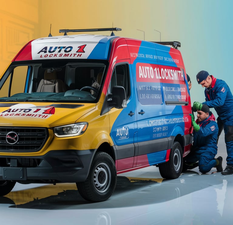 a mobile auto 1 locksmith technician is working on a van with a man in a blue and yellow uniform