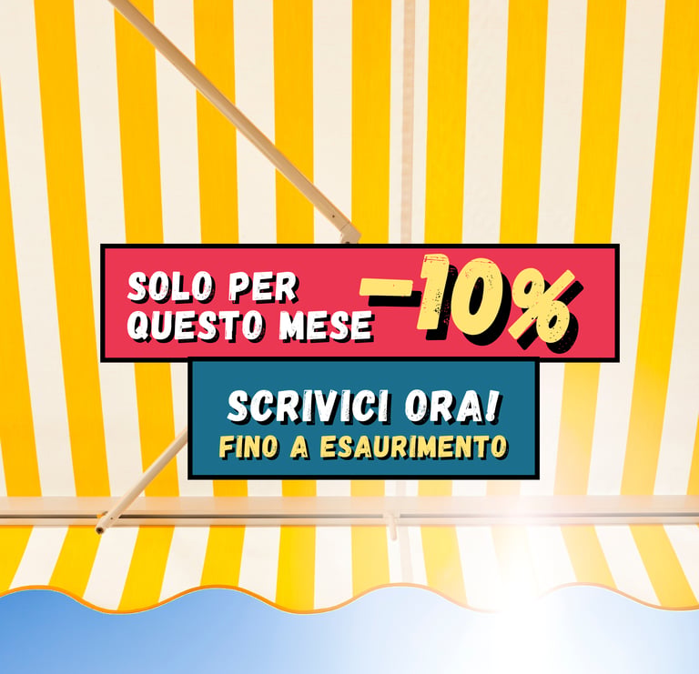 Grafica promozionale con scritta “Solo per questo mese -10%” su sfondo a righe gialle e bianche.