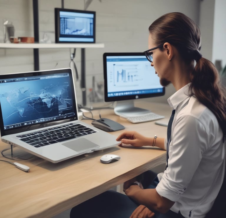 A technician fixing a computer with blue and orange tools in a modern workspace.