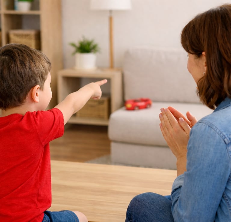 Child and parent spotting objects of a chosen color in their home
