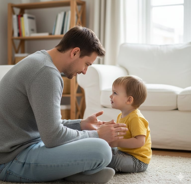 Child and parent pronouncing simple sounds and words together at home