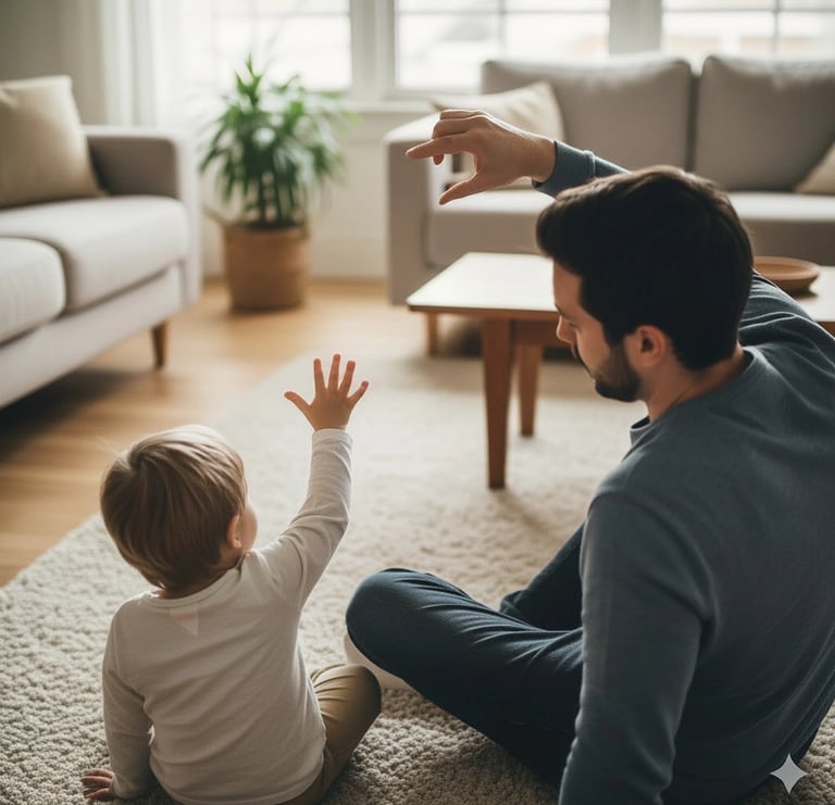 Child doing air drawing indoors at home with parent