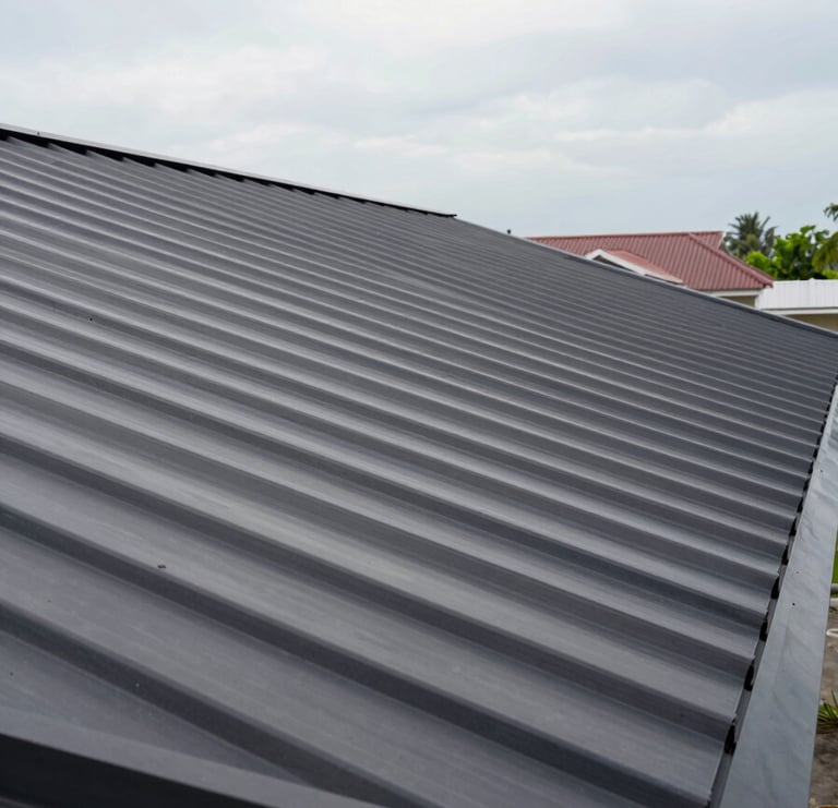 Wide environmental panoramic shot of a completed residential metal roof in Indonesia, natural overcast daylight, camera positioned low-right showing full roof span and ridge line, deep eaves visible on left, open sky above, no people