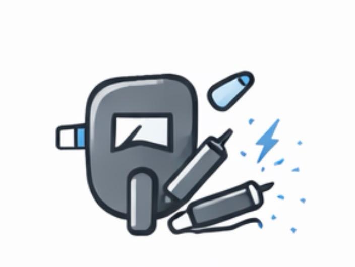 Illustration of welding equipment including a protective helmet, electrode holder, and sparks.
