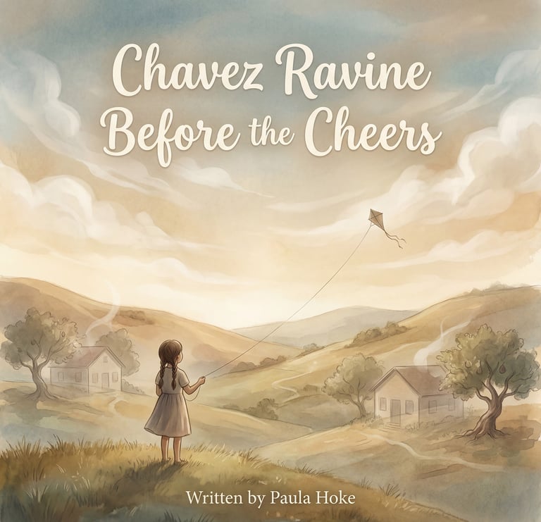 Illustration of a girl flying a kite in Chavez Ravine hills for the book Chavez Ravine Before the Cheers.