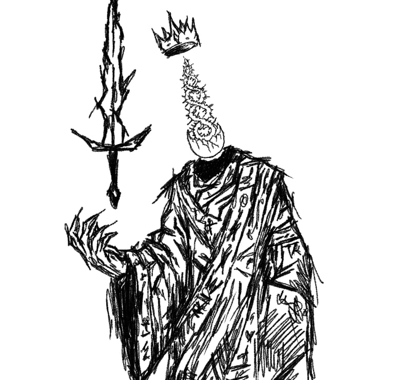Dark fantasy ink sketch of a hooded king with a crown, many eyes, and a floating jagged sword.