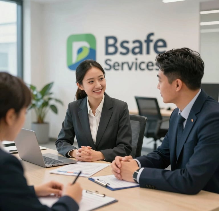 A professional consultant discussing safety plans with a client in a modern office setting.