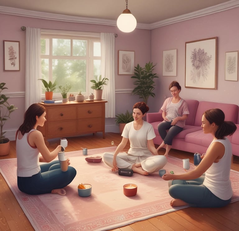 A group of people sits under a colorful tent made of red, yellow, and orange fabric. They appear to be attending a workshop or class. A chalkboard on the left lists a schedule with topics like 'Food as Medicine' and 'Healthy Lifestyle.' The participants sit on mats and blankets, listening to someone speaking at the front. The atmosphere is casual and relaxed with shoes and personal items placed on the grass nearby.