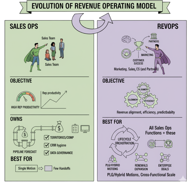 comparing Sales Ops (focused on sales) vs. RevOps (unifying marketing, sales, customer success)