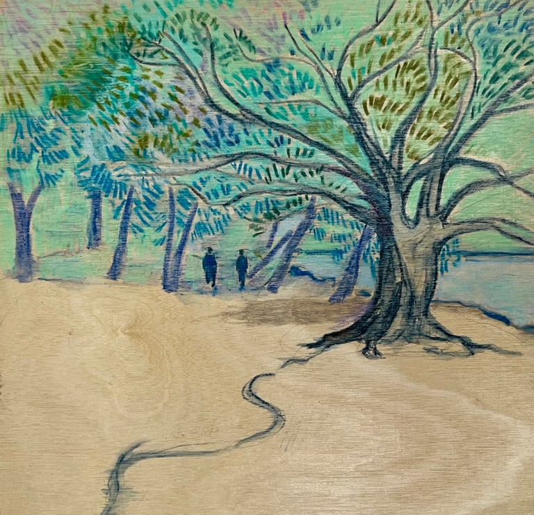a painting of two figures walking through trees