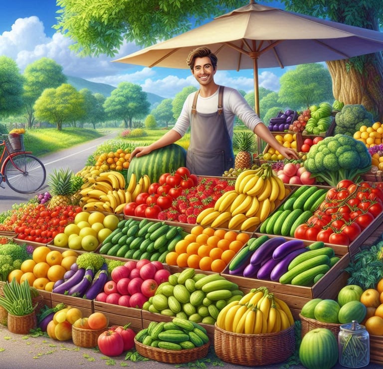 a man standing in front of a display of fruits and vegetables