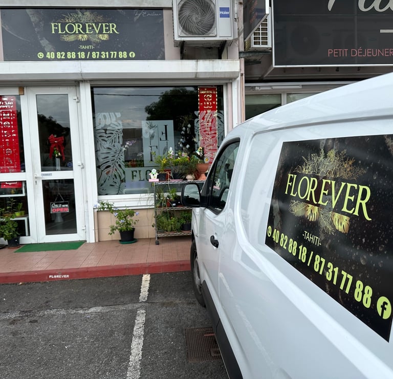 a van parked in front of a store