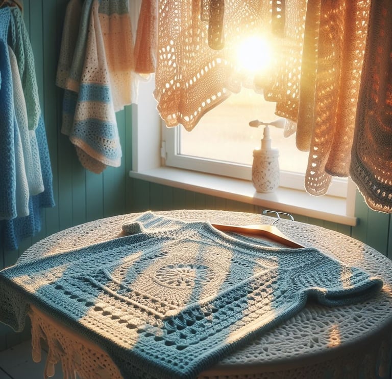 Una prenda de crochet sobre una mesa de crochet, en una habitación tejida de crochet secando placida