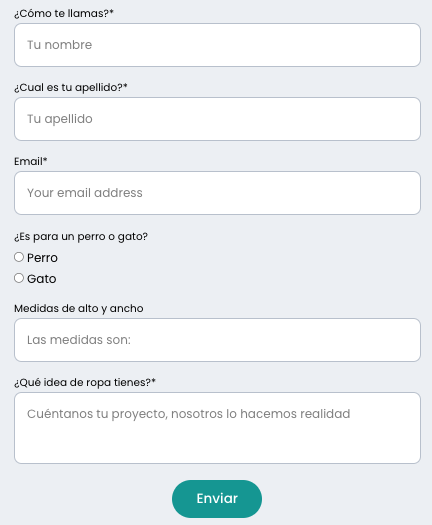 Formulario de contacto para la confeccion de prendas para mascotas de 100% algodon organico