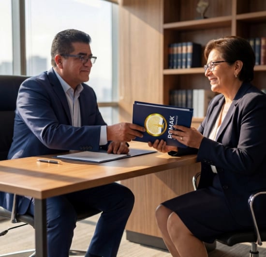 Servidora pública feliz recibiendo asesoría preventiva para su pensión ISSSTE en ROMAK PATRIMONIAL.