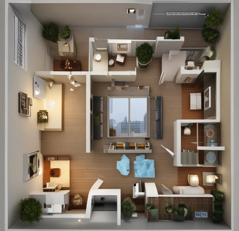 Interior view of a stylish office space with natural light and ergonomic furniture.