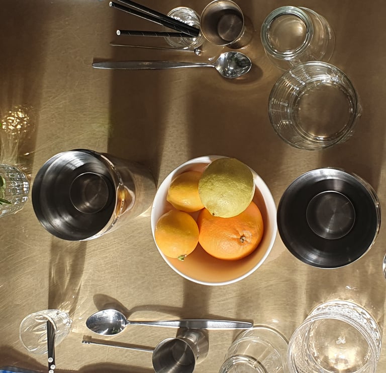 Bartending glassware and utensils on table at Tonic Martinborough