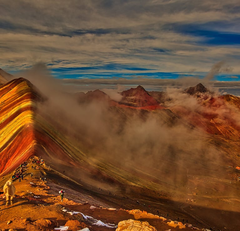 This image shows Vinicunca, the Rainbow Mountain or Mountain of Seven Colors, in Peru’s Andes famed for vibrant stripes.