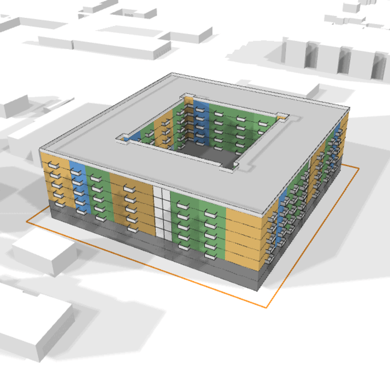 A 3D image of an apartment building in Austin, TX