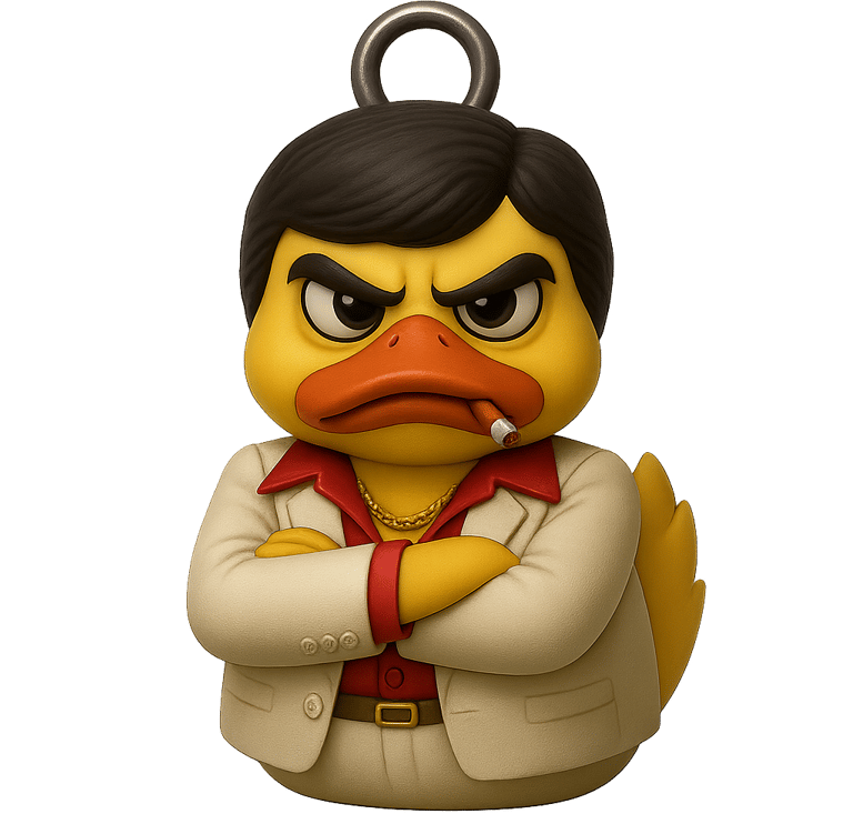 Tony Montana duck, a ducky with a suit and tie on a black background