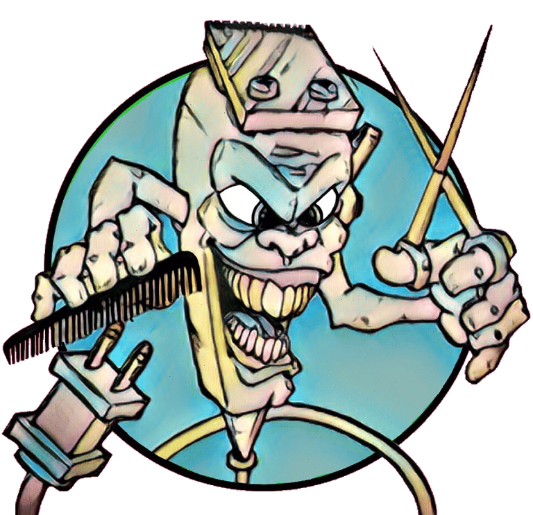 animated barber clippers with grimacing face, plug cord, two arms holding scissors in left hand and a comb in right hand