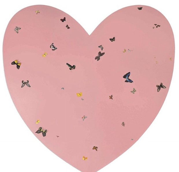 Damien Hirst Daddys Girl, Pink heart artwork with butterfly details for David Beckham.