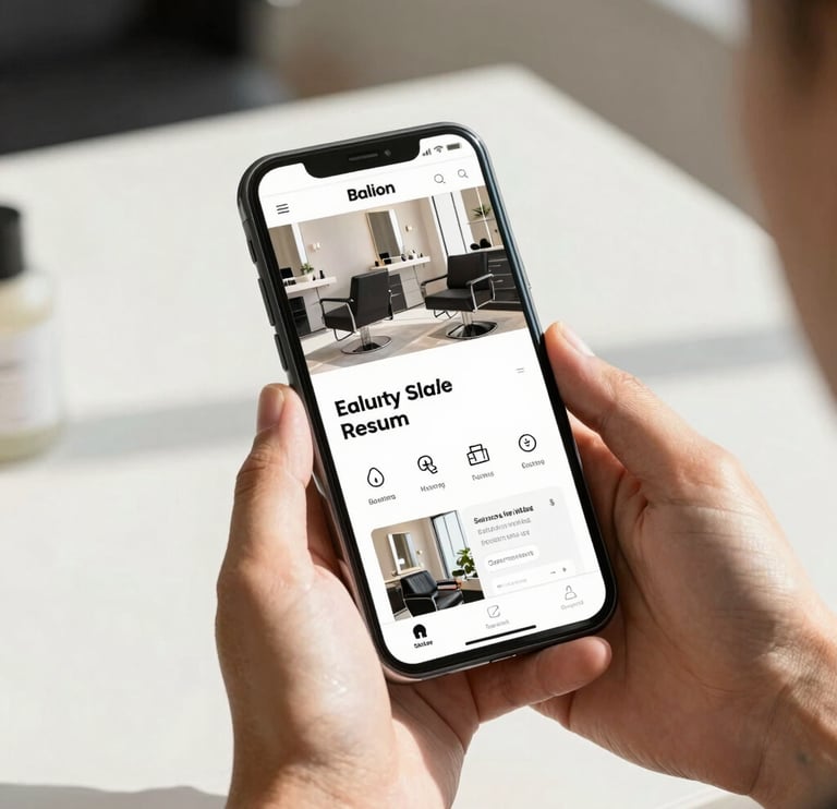 High-fidelity mockup of a modern salon website displayed on a smartphone screen held by hands, bright natural daylight, clean slate background.